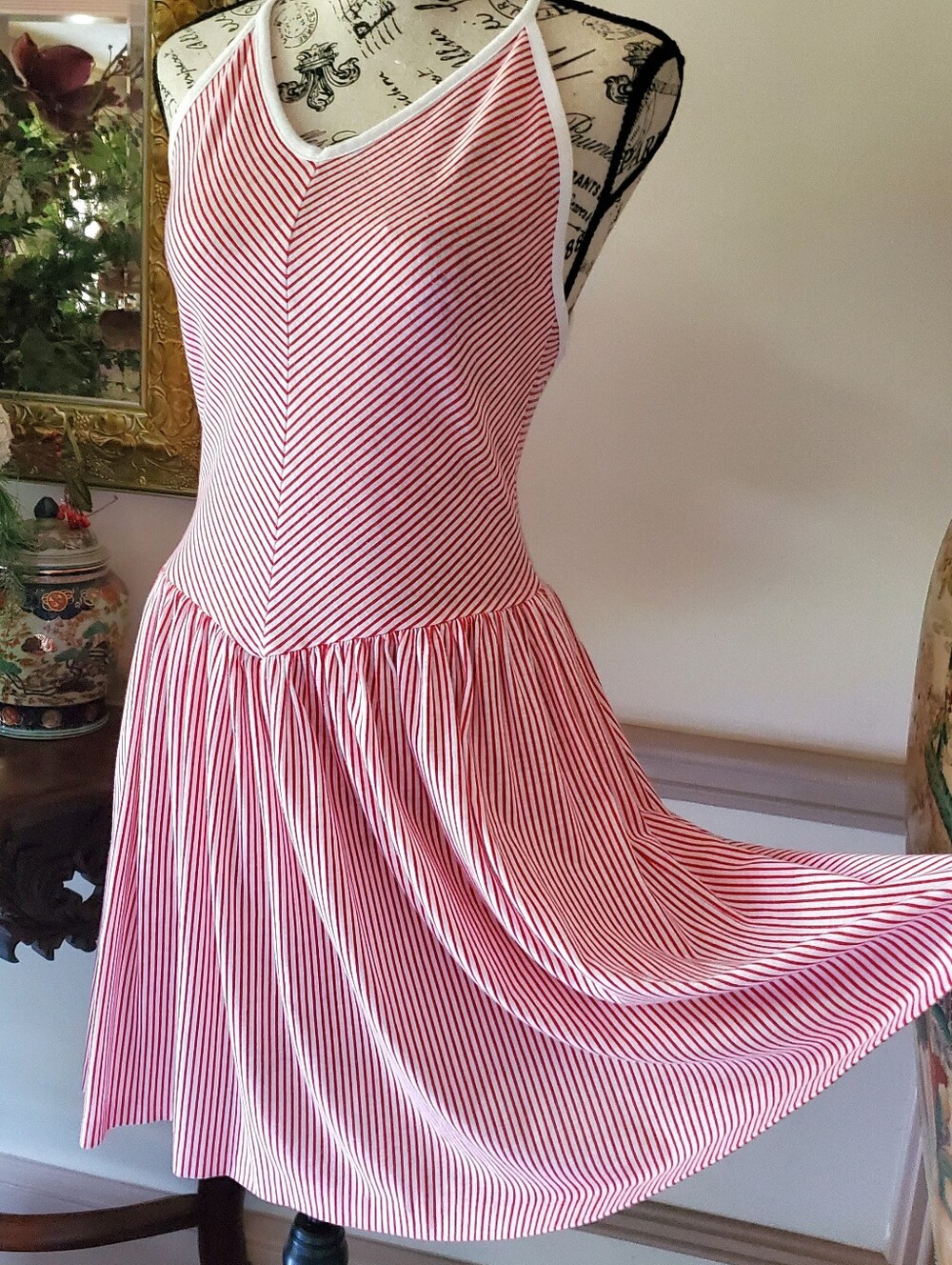 Vintage 70s 80s Red White Striped Halter Sundress Skater Style Fit & Flare